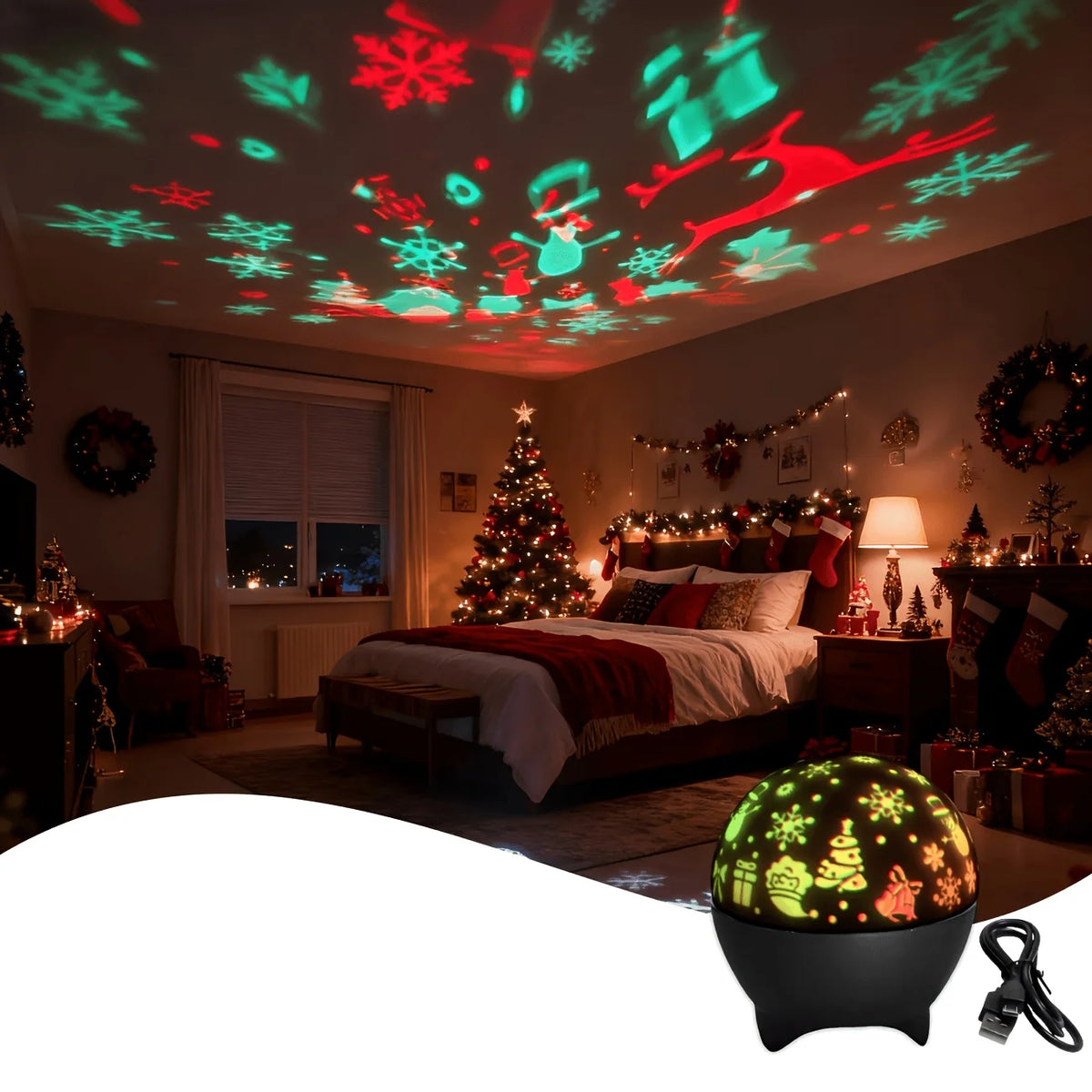 Christmas Projector Lamp LED Night Light RGB Auto Color Snowman Snowflake Pattern for Home Party New Year Holiday Decor USB Plug